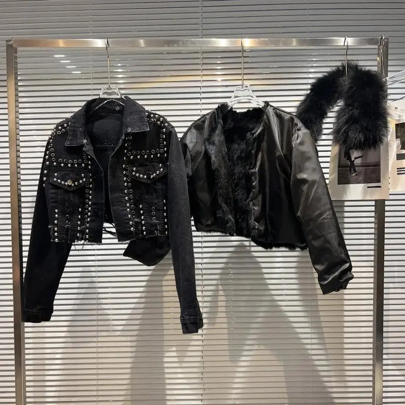 DEAT Womens Denim Jacket Embroidered Sparkling Hole Black Thick Faux Fur Short Womens Coat 2025 Spring 11A01605 241210