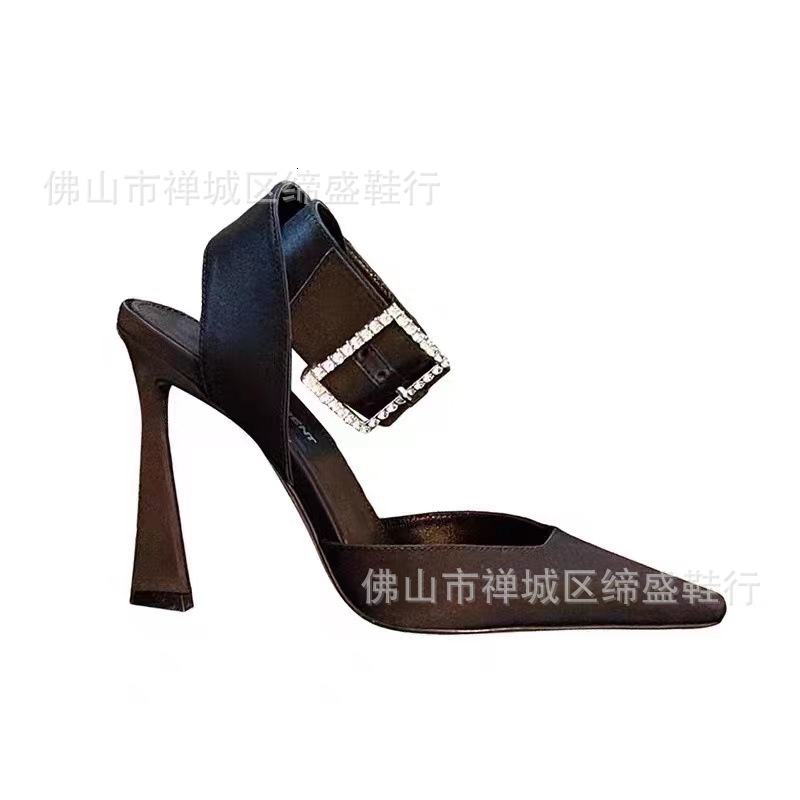 Spring Summer New Slim Toe Water Diamond Buckle Sandals For Women, With Satin Straps An Empty Square Toe, Shallow Mouth, And Elegant High Heels