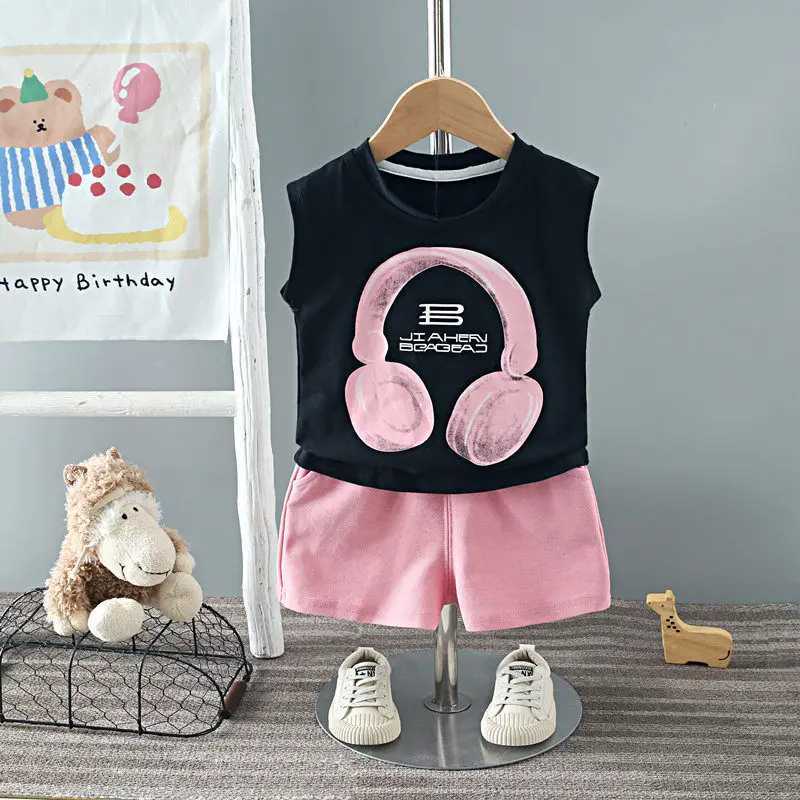 Clothing Sets New Summer Children Boys Girls Baby Fashion Infant Earphone Clothing Kids Cotton Cartoon Vest Shorts 2pcs/Set Suit 0-5 Years H241214
