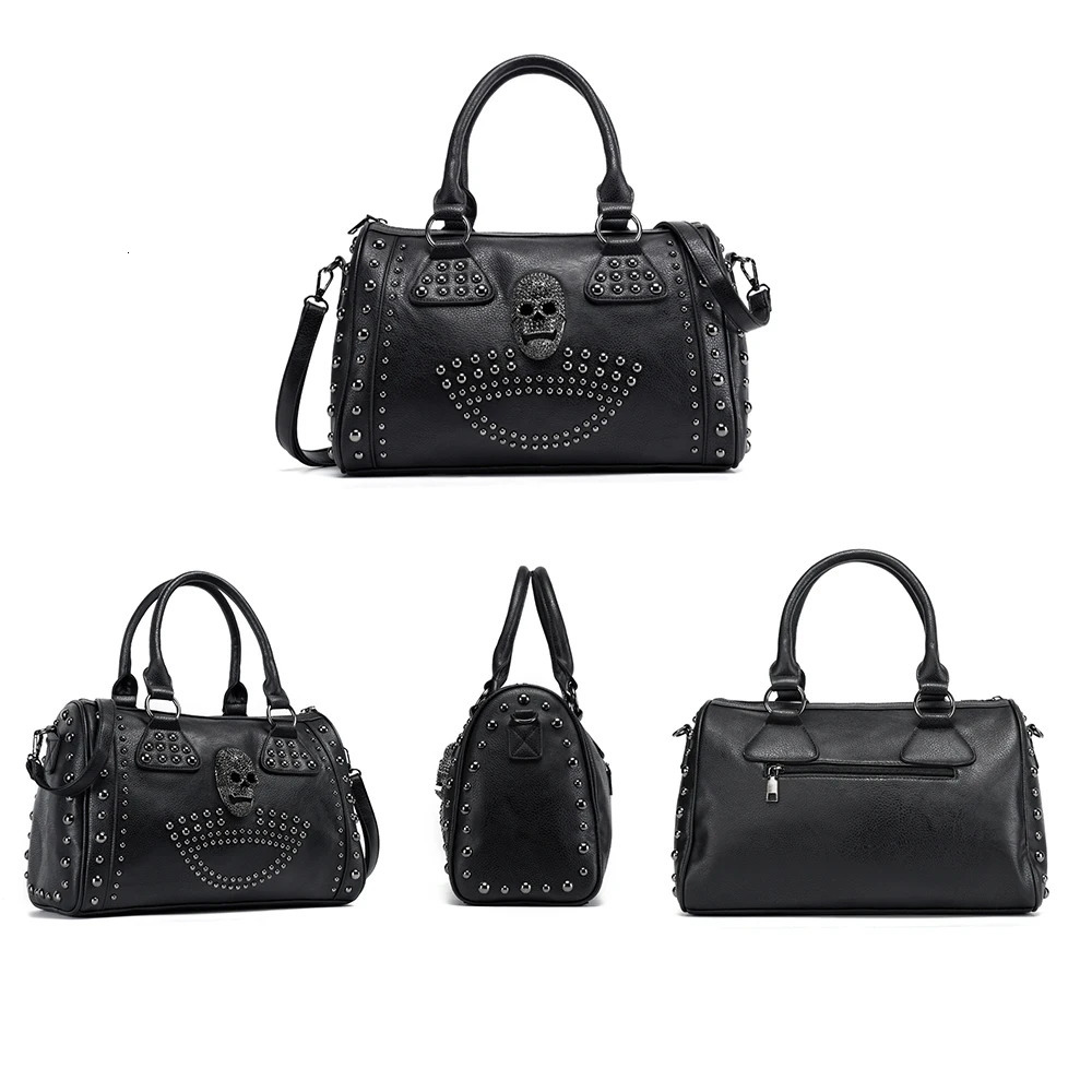 Annmouler Womens Bag Trend Large Capacity Boston Bag Black Skull Handbag Pu Leather Handbag Rivet Ten Font Wallet 241212