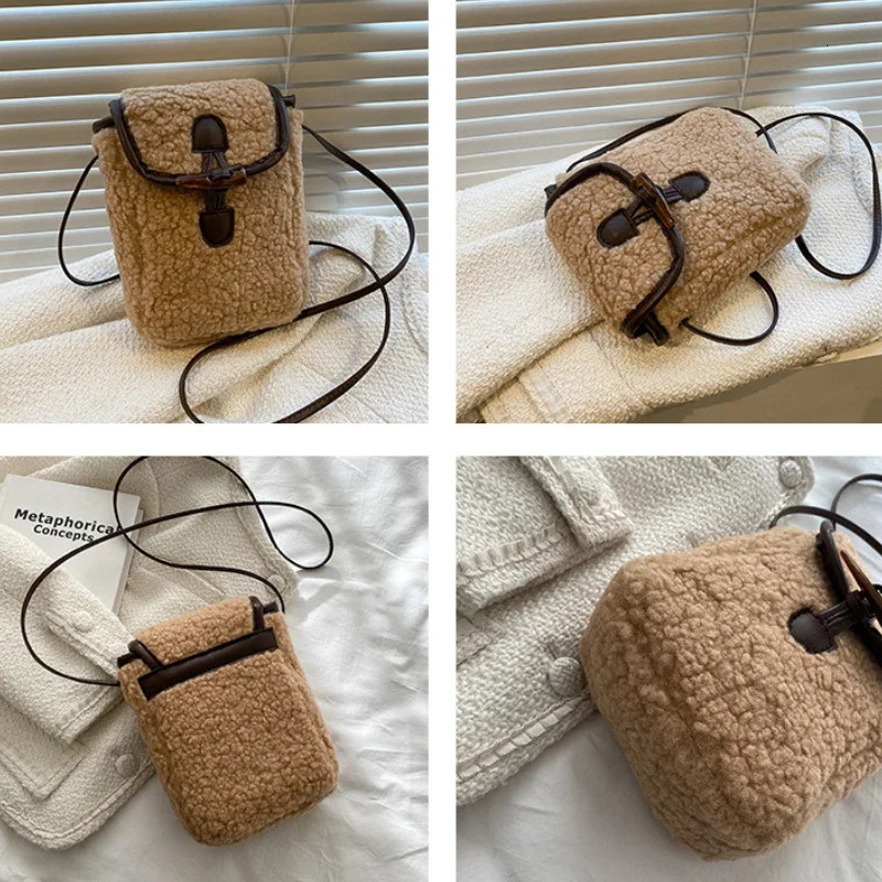 Lambswool Mobile Phone Bag Womens Artificial Fur Leather Bag Gentle and Cute Cross shaped Teenage Women Portable Speaker Button Plush Square Comfortab