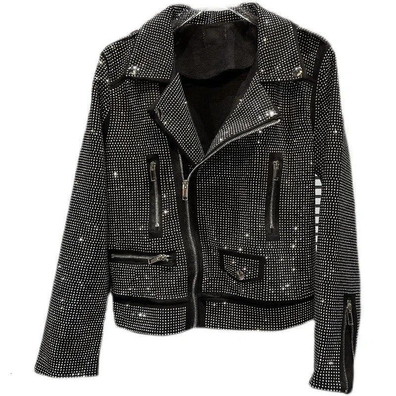 Autumn Sparkling Oblique Zipper Full Diamond Motorcycle Bomber Jacket Flip Collar Glitter Coat Rhinestone Street Clothing Top 241214