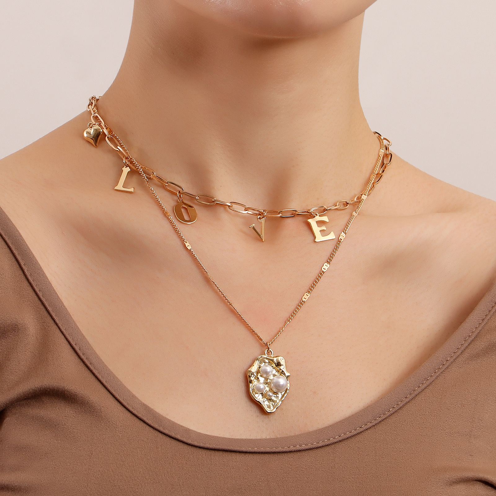 Minimalist LOVE Letter Layered Necklace with Pearl Pendant - European Metal Style Jewelry 2025 New In Stainless Steel Gold Plated Pearl Leaf Pendant Y