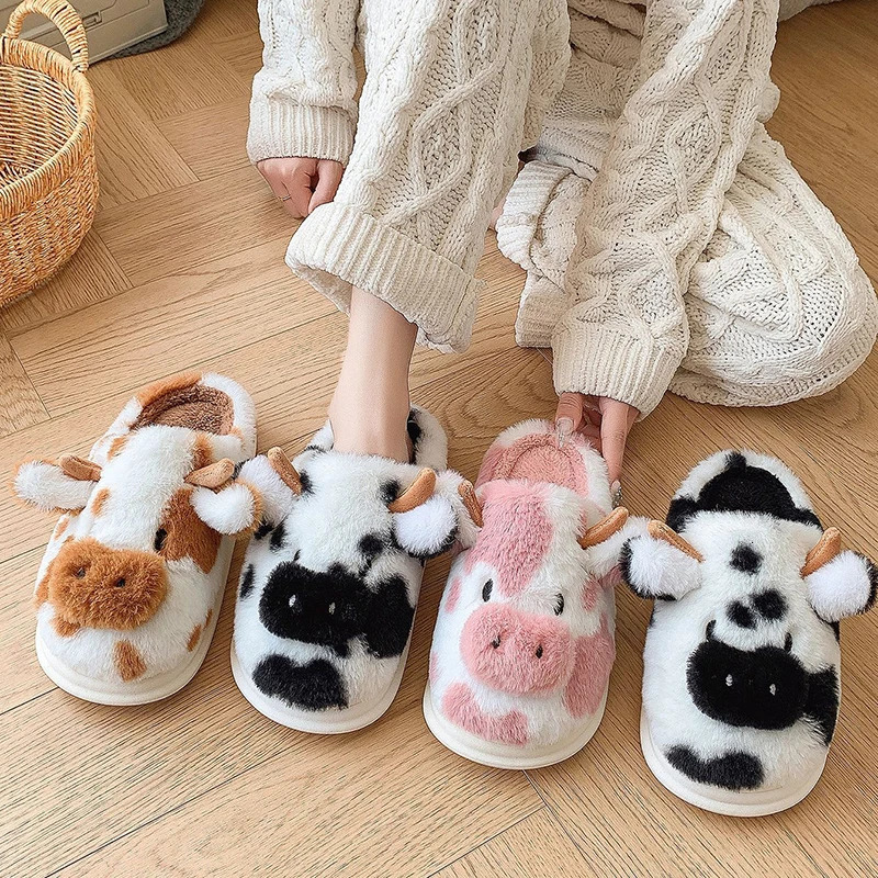 Womens Winter Warm Cartoon Cow Slippers Closed Toe Non Slip Furry House Shoes Women Indoor Bedroom Thick Sole Plush 241214