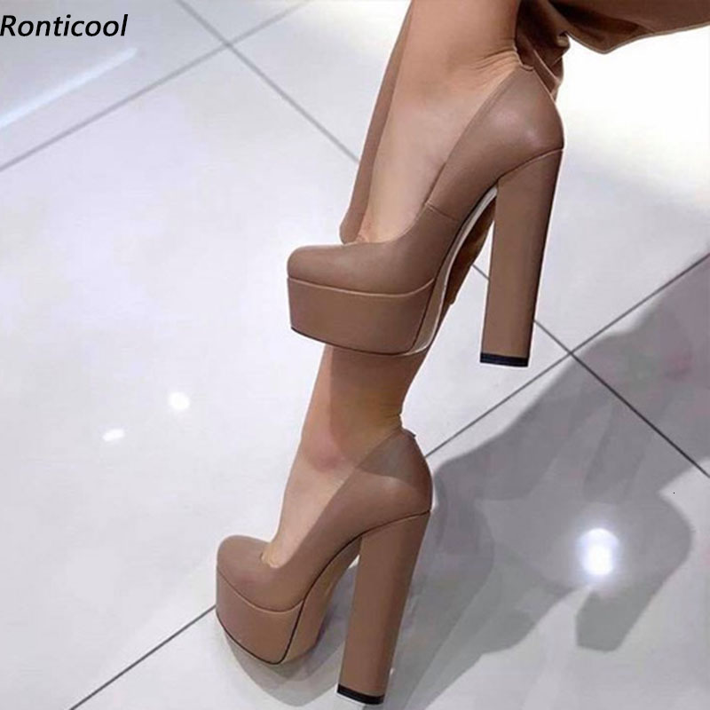 Ronticool Customize Color Women Platform Pumps Block Heels Round Toe Beautiful Nude Green Party Dress Shoes US Plus Size 5-20