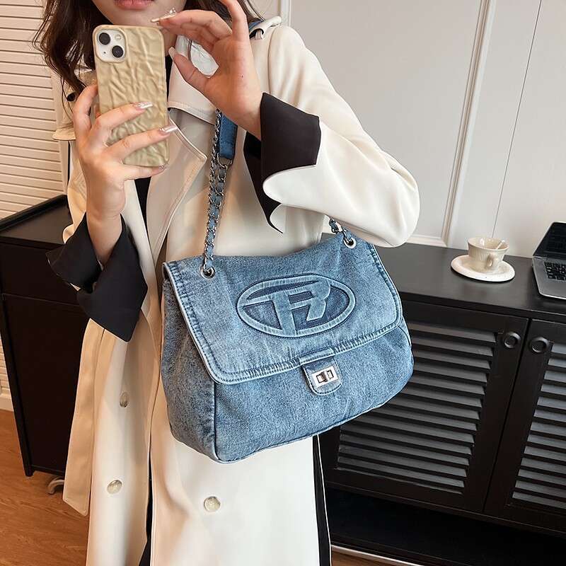 French style large capacity commuting bag for women, popular denim chain tote versatile single shoulder crossbody airport bag, 2024 new casual fashion