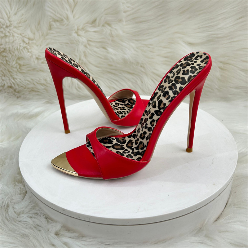 High Heeled For Socialites, 12Cm In Length, Pointed Thin Heels A Red Herringbone Pattern. Cool Slippers With Exposed Toes And High-Heeled Sandals