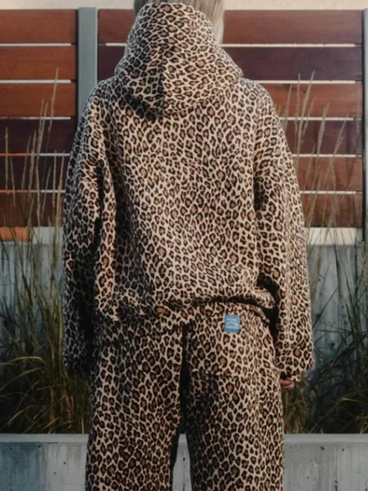 Punk fashion leopard print hooded sweatshirt womens sports pants Y2K street hip-hop original cheetah print hooded sweatshirt retro set 241214