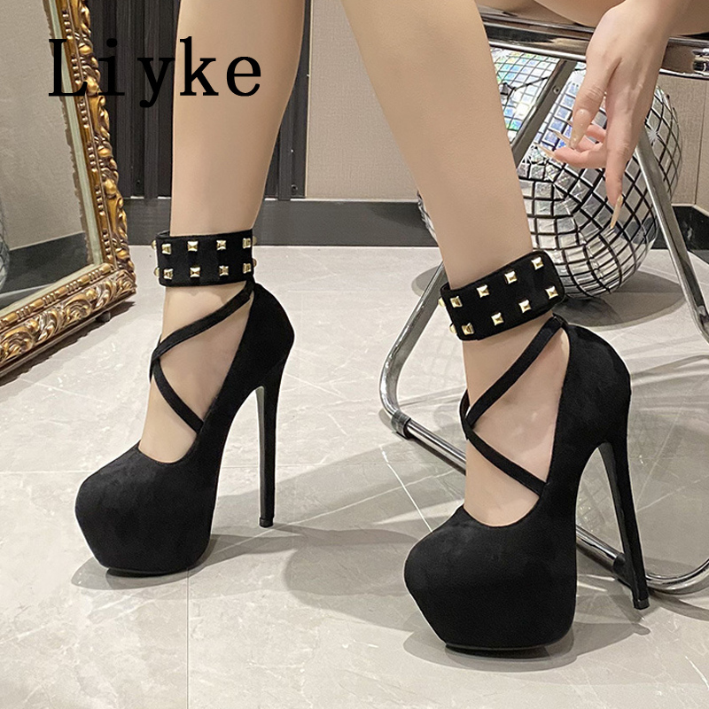 Liyke Runway Fashion Metal Rivets Ankle Strap Extreme High Heels For Women Wedding Party Stripper Shoes Platform Pumps Sandals