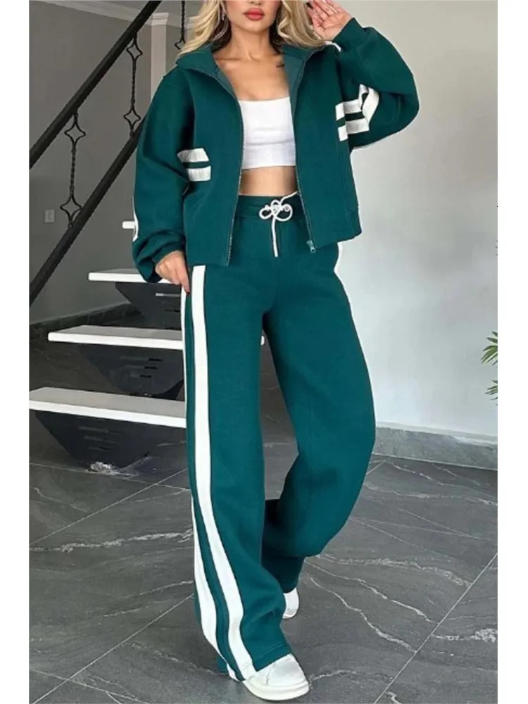 Autumn Winter Womens Hoodie Y2k Zipper Loose Jacket Coat And High Waist Side Striped Sports Pants Set 241214