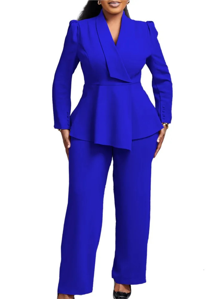 Women Two Pieces Set Elegant Long Sleeves Tops High Waist Pants Trousers Modest Peplum Office Ladies Work Wear Business Suit 241214