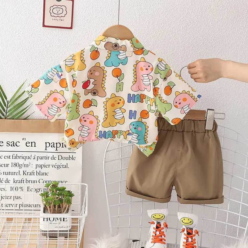 Clothing Sets Children Clothes Spring Cartoon Baby Boy Short Sleeve Full Printe Dinosaur Shirts Pants 2Pcs/set Kid Fashion Toddler Tracksuits H241214