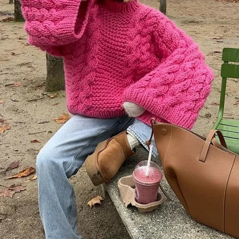Deeptown vintage knitted sweater for women elegant and casual oversized floral long sleeved solid autumn womens twisted loose 241211