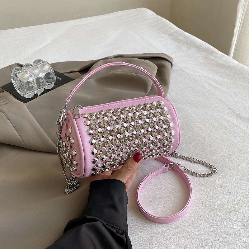 High end fashion versatile rivet small square for women 2024 new personalized and trendy handbag, single shoulder crossbody cylindrical bag