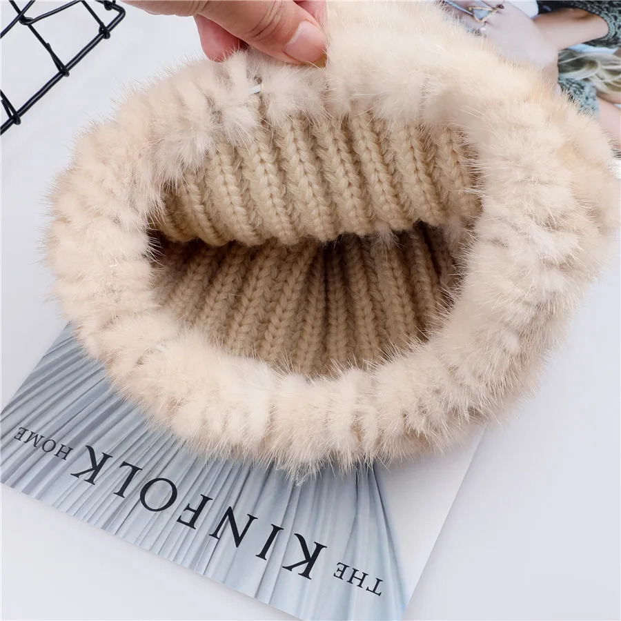 100% real mink fur hat women winter knitted beanie Russian Girls cap with fox fur pom poms thick female cap Elastic 241214