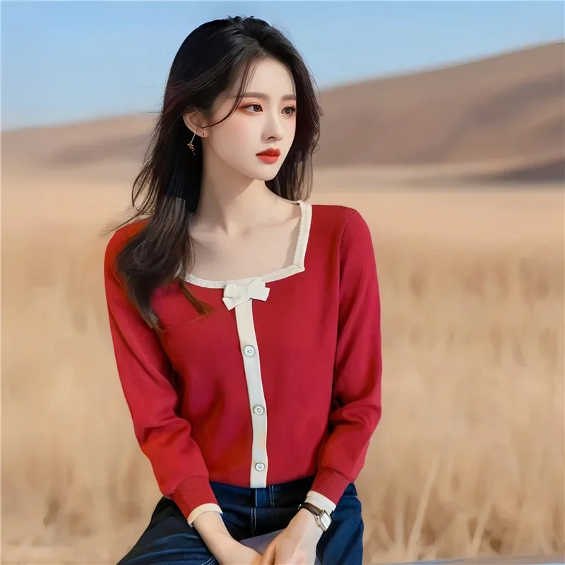 Autumn and winter Korean style Dongdaemun sweet red long sleeved knitted top womens zipper sweater with polo neck 241211