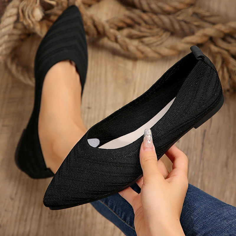Pointed Toe Flat Shoes Womens Solid Color Knitted Slippers Casual Breathable Ballet Flat Shoes Womens Comfortable Womens Shoes 241213