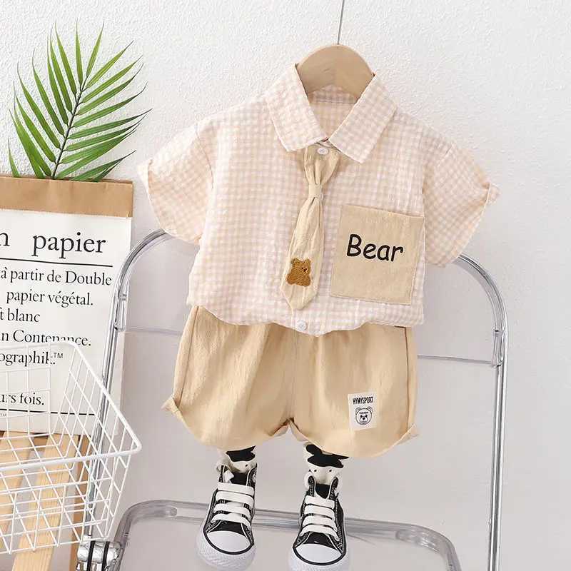 Clothing Sets Summer Casual Baby Boy Toddler Causal ClothesPlaid Shirt Tops Pants 2Pcs/Set With Tie Cotton Kids Outfits Clothing Suit H241214