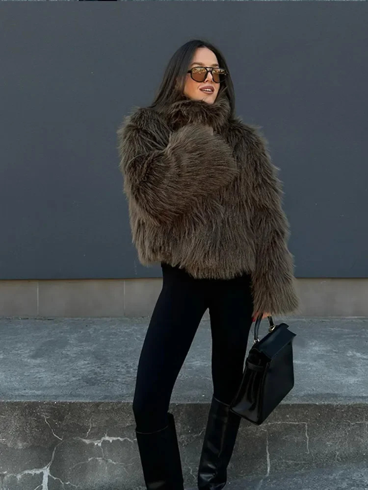 Retro High Collar Long Sleeved Faux Fur Coat Women Winter Warm Solid Fury Jacket Fashion Females Street Outerwear 241211