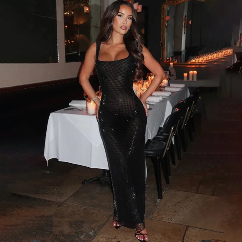NIDANSSI Diamonds Sequined Glitter Backless Sexy Dress Women Robes Evening Club Party Dress Bodycon Long Summer Dress Vestidos 241214