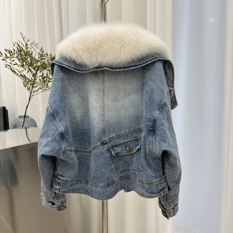 Womens winter coat with real fox fur collar detachable denim fur leather jacket goose down jacket 241210