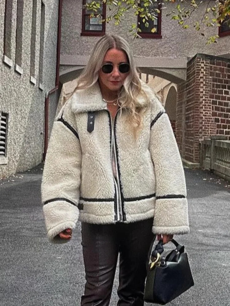 Fashion comparison splicing zipper lapel cashmere jacket womens fashion casual thick warm long sleeved jacket womens fashion jacket 241214