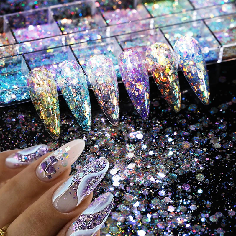 1 Box Aurora Nail Sequins Crystal Thin Irregular Butterfly Star Sparkly Flakes UV Gel Polish Manicure Art Decorations 241213