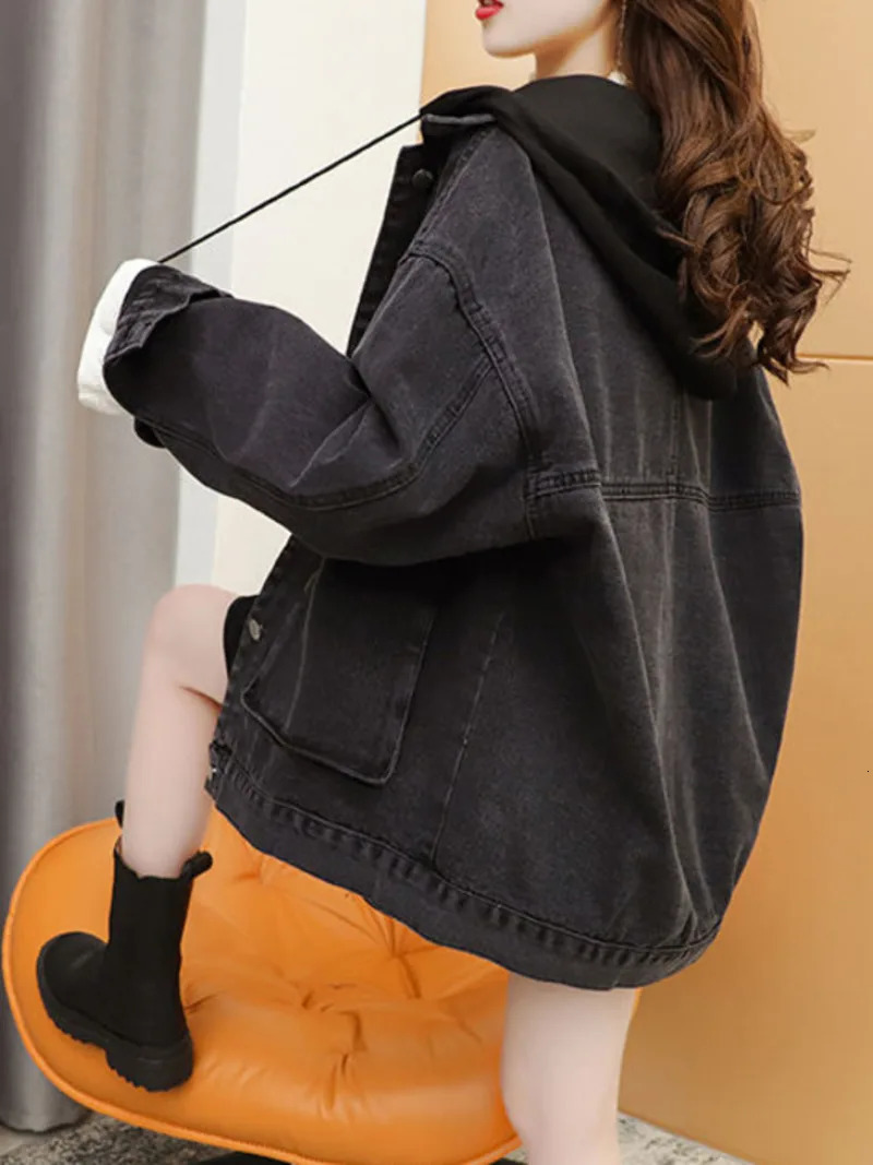 Streetwear Black Denim Jacket Womens Korean Fashion Splicing Work Hoodie Spring Casual Chaquetas Tank Top Jeans 241211
