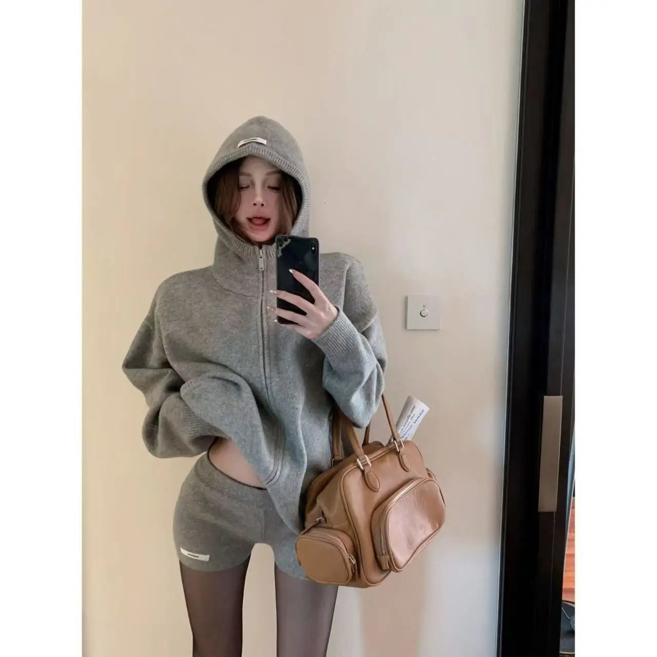 Y2K TwoPiece Casual Lazy Wear Hooded LongSleeved Sweater Coat Womens Knitted Straight Shorts In Autumn And Winter 241209
