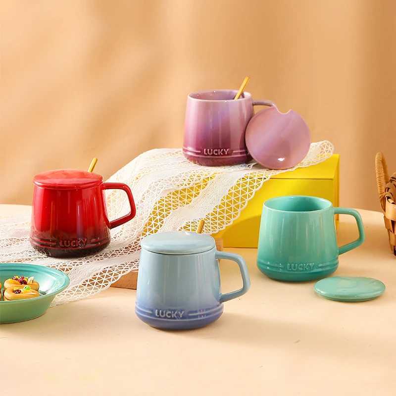 350ml French gradient ceramic creative home cup with lid spoon coffee cup large capacity couple beverage cup Y241214