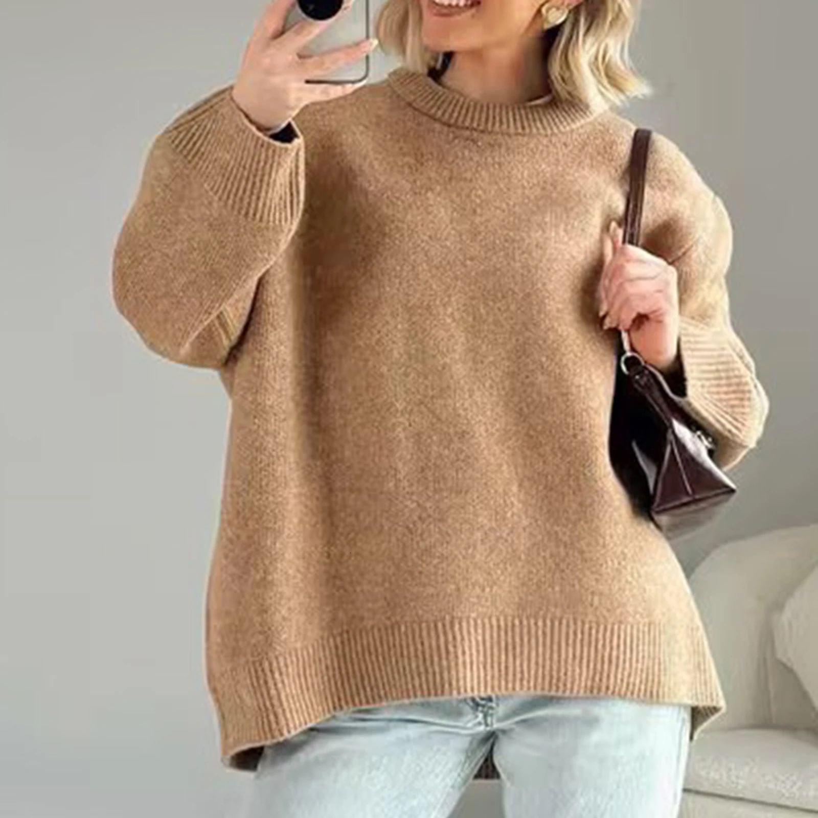 Hirigin Womens Y2K Large Prefabricated Sweater Long Sleeve Staff Collar Solid Color Loose Folded Strap Knitted Jumper Top 241211