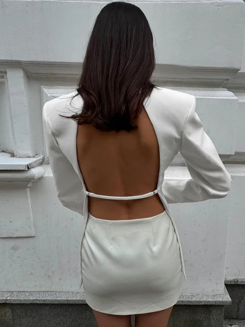Elegant Women's Backless Black Suit Fall Chic Long Sleeve Covered Buttons Hollow Out Blazers White Tops Coat Outerwear