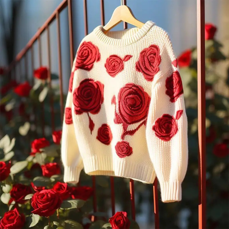 OMCHION Abrigo Mujer 2024 Knitted Winter Top Red Rose Sweater Womens Loose Zipper 241211