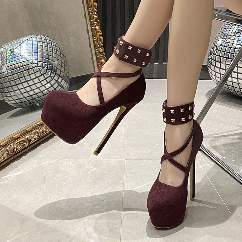 Liyke Big Size 43 44 45 Women Pumps Solid Black Round Toe Metal Rivet Ankle Hook Strap Platform High Heels Wedding Banquet Shoes