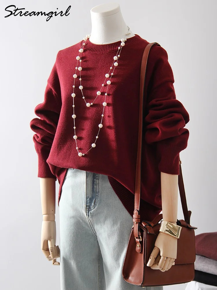Basic Winter Burgundy Oversized Sweater Womens Oneck Warm Pull Loose Knitted Clothing 2024 241211