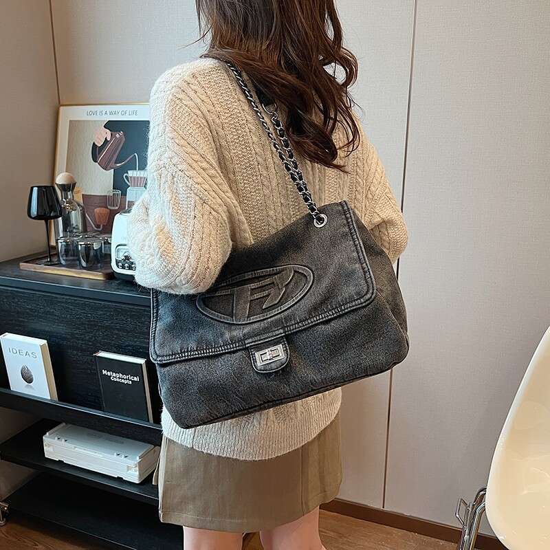 French style large capacity commuting bag for women, popular denim chain tote versatile single shoulder crossbody airport bag, 2024 new casual fashion