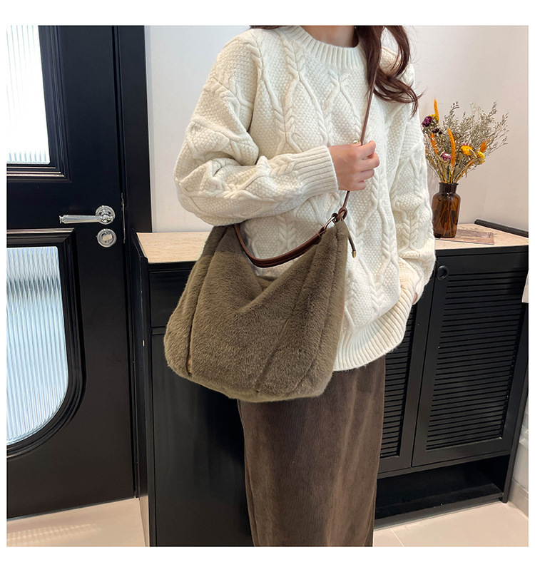 New Faux Mink Plush Women's Handbag, Large Capacity Fluffy Portable Shoulder Crossbody Bag Tote Bag