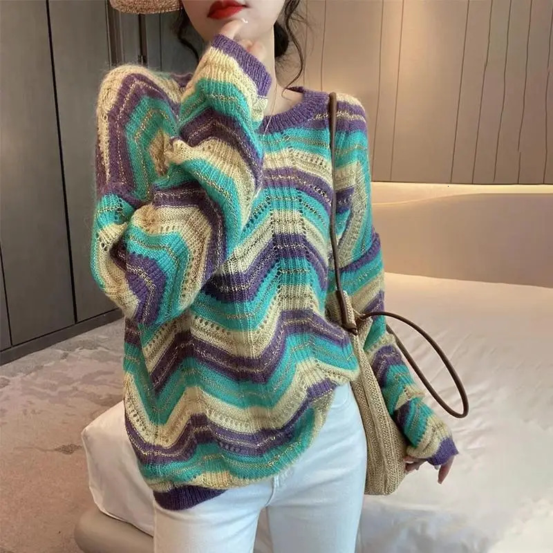 SpringSummer Multi Color Sweater Womens Round Neck Long Sleeve Loose Floral Hollow Elegant Full Match Comfortable Top 241211