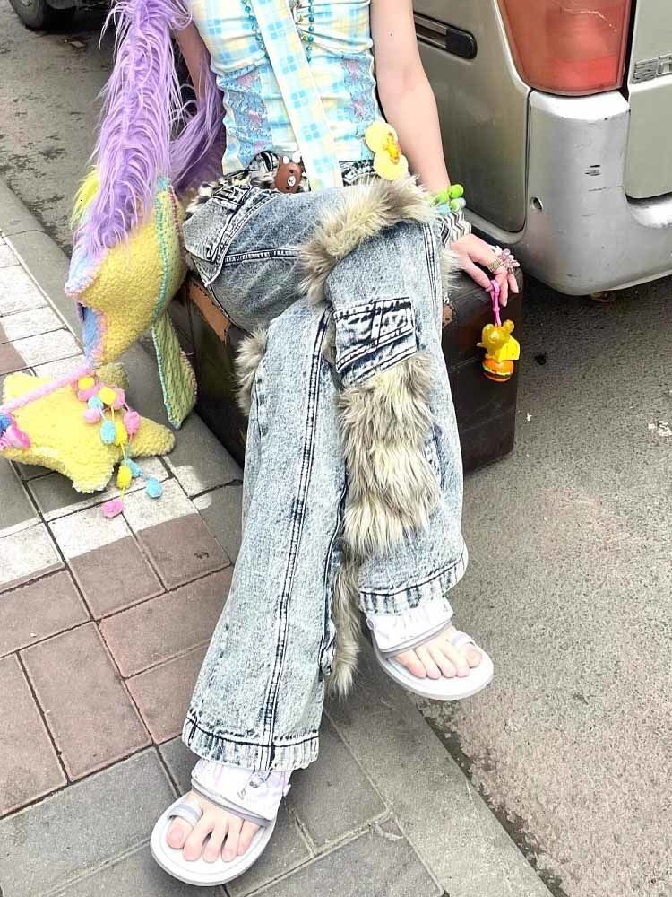 Y2k Trendy Furry Splicing Baggy Cargo Pants Women Retro High Waistsd New Spicy Multi-pocket Haruku Hip-hop Fashion Jeans