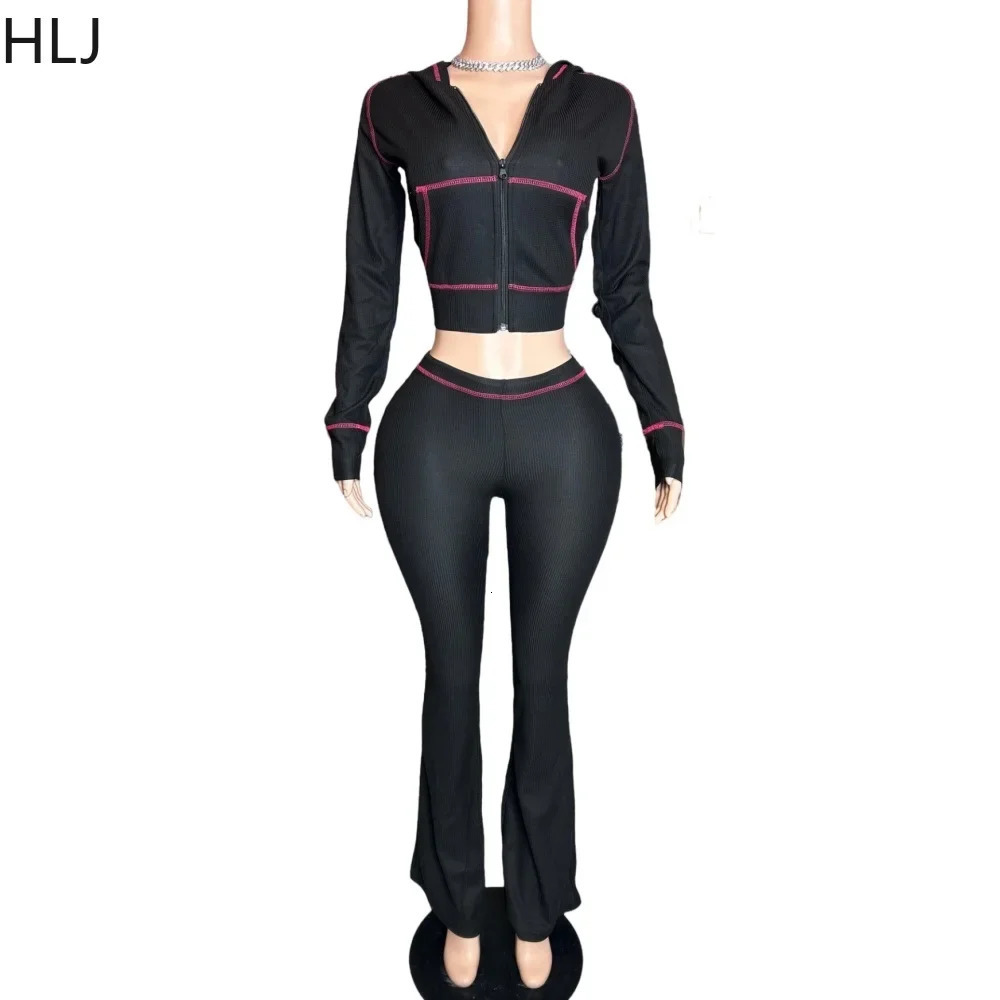 HLJ Autumn Waffle Hooded Two Piece Sets Outfits Women Zipper Long Sleeve Top And Flare Pants Tracksuits Female Sporty Suits 241209