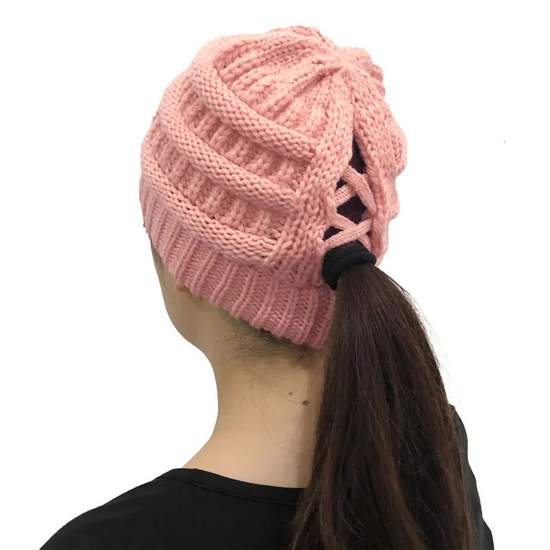 adult womens wool knitted hat autumn warm skull hat womens cross ponytail hat skull hat 241211