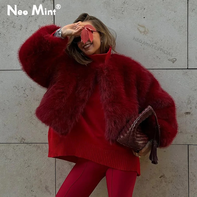 Neo Mint 2025 Ancora Red Christmas Year Fur Coat Women Cropped Faux Fox Jacket Chic Trendy Fluffy Furry Outerwear Female 241211