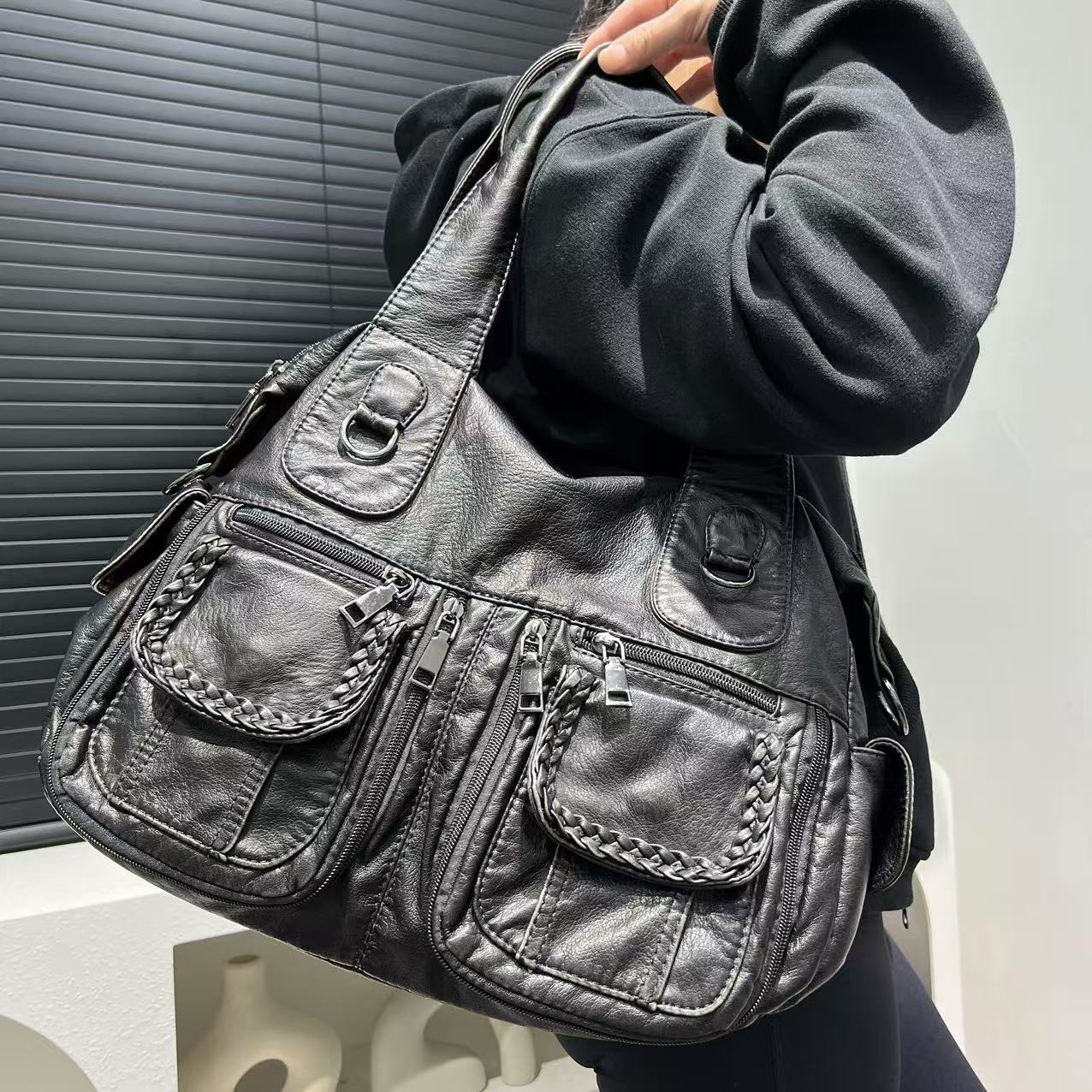 Women's Fashion Y2k Spicy Girl Multi Pocket Washed Tote Large Capacity Outdated Shoulder Bag