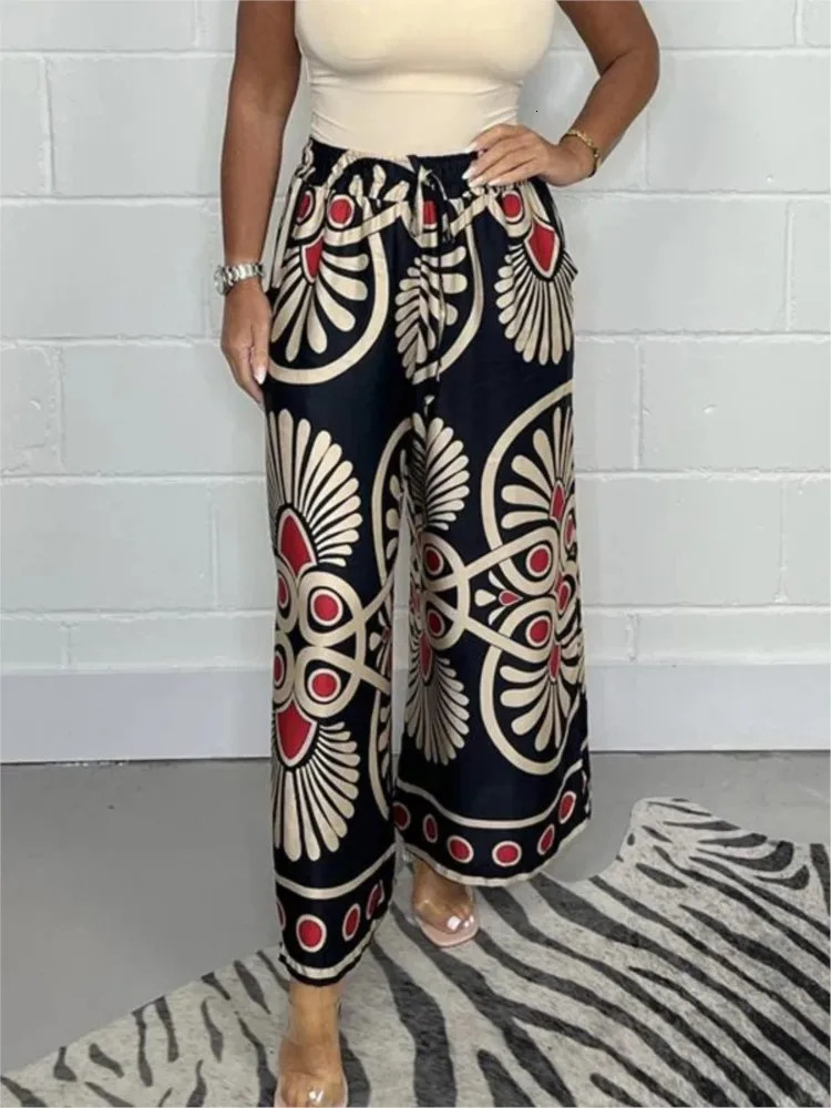 Bohemian womens long pants with elastic waist adjustable tie wide legs 2024 spring casual mens satin retro floral print 241212