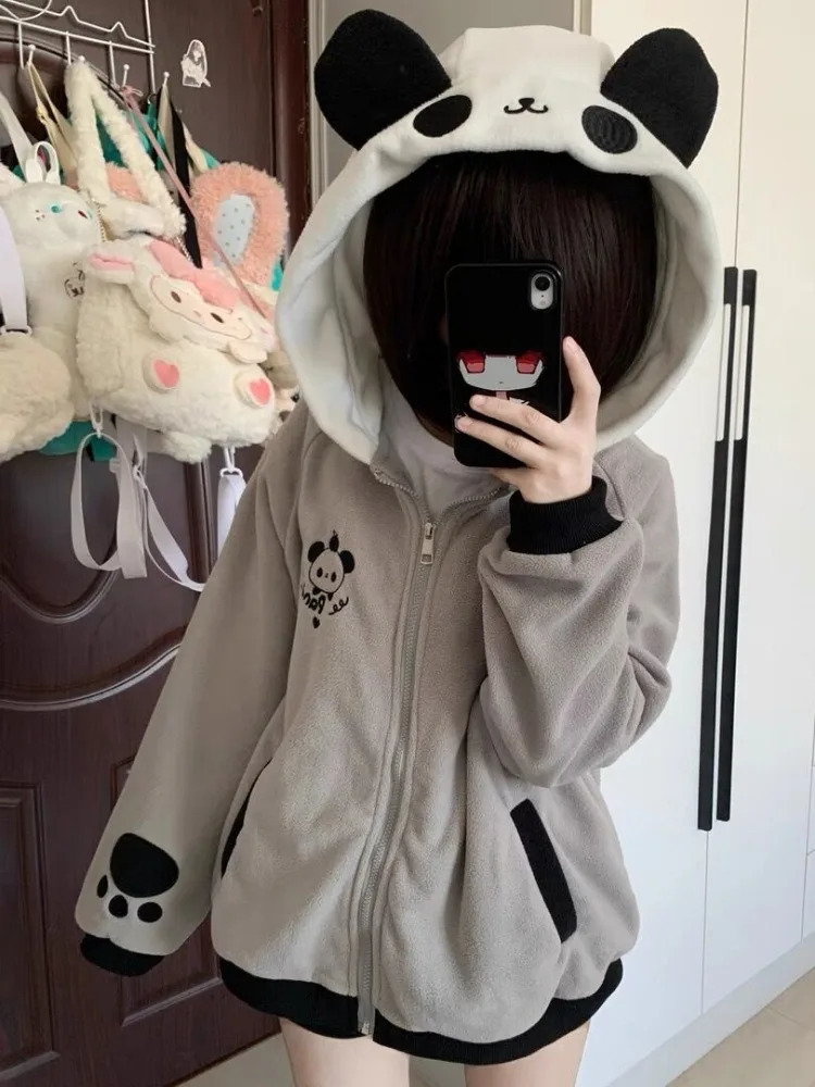 Y2k Cartoon Panda Embroidered Polar Wool Jacket Womens Hoodie Casual Loose Zipper Sportswear Aesthetics Japanese Folded Top 241209