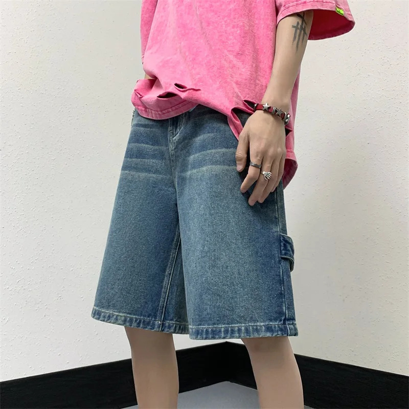 Mens patches oversized jeans streetwear Harajuku denim shorts hip-hop retro blue summer casual loose shorts 241213