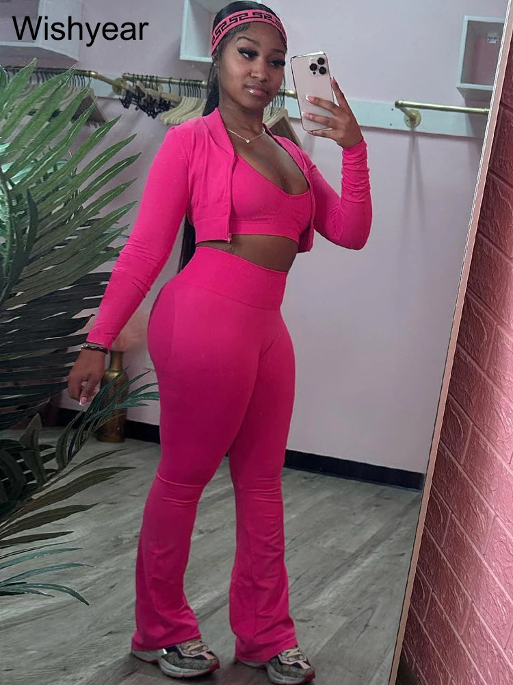 Fashion Solid 3 Pieces Sets Women Long Sleeve Crop TopsTanksFlare Pants Active Fitness Jogging Tracksuits Streetwear Outfits 241209