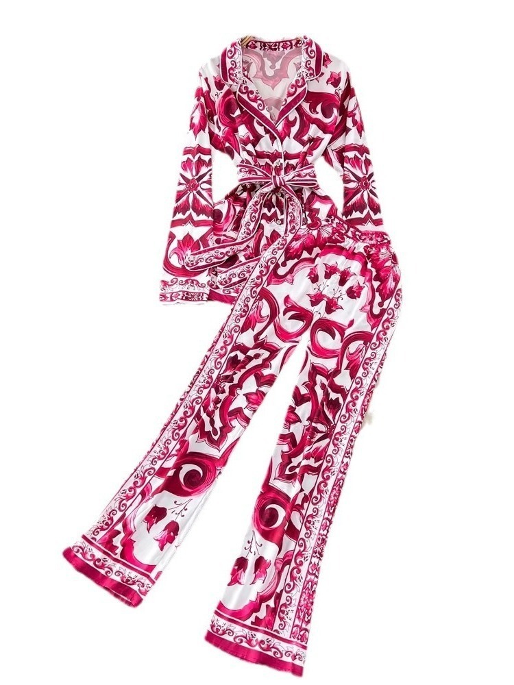 Autumn Red White Porcelain Ral Two-Piece Set Women Shirts Long Tops Wide Leg Flare Pants Suits 2Pcs Outfits