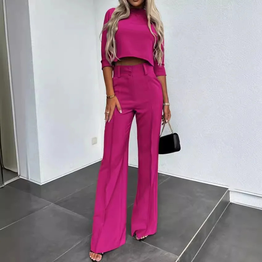 Summer Autumn Elegant Womens Temperament Top Round Neck Seven Quarter Sleeve Head Solid Color Top Wide Leg Pants Two-piece Set 241214