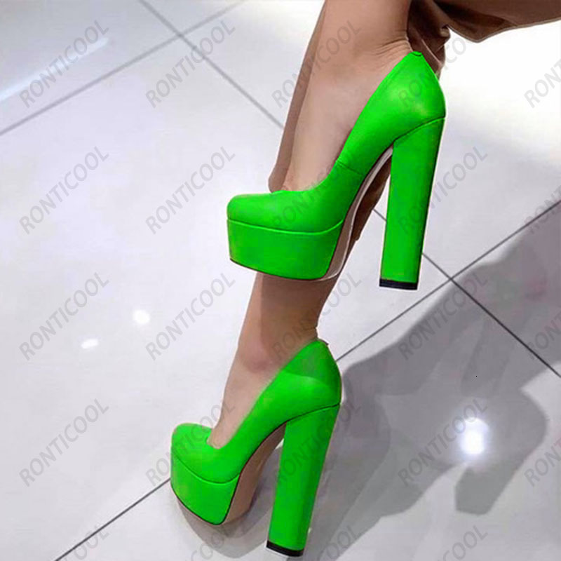 Ronticool Customize Color Women Platform Pumps Block Heels Round Toe Beautiful Nude Green Party Dress Shoes US Plus Size 5-20